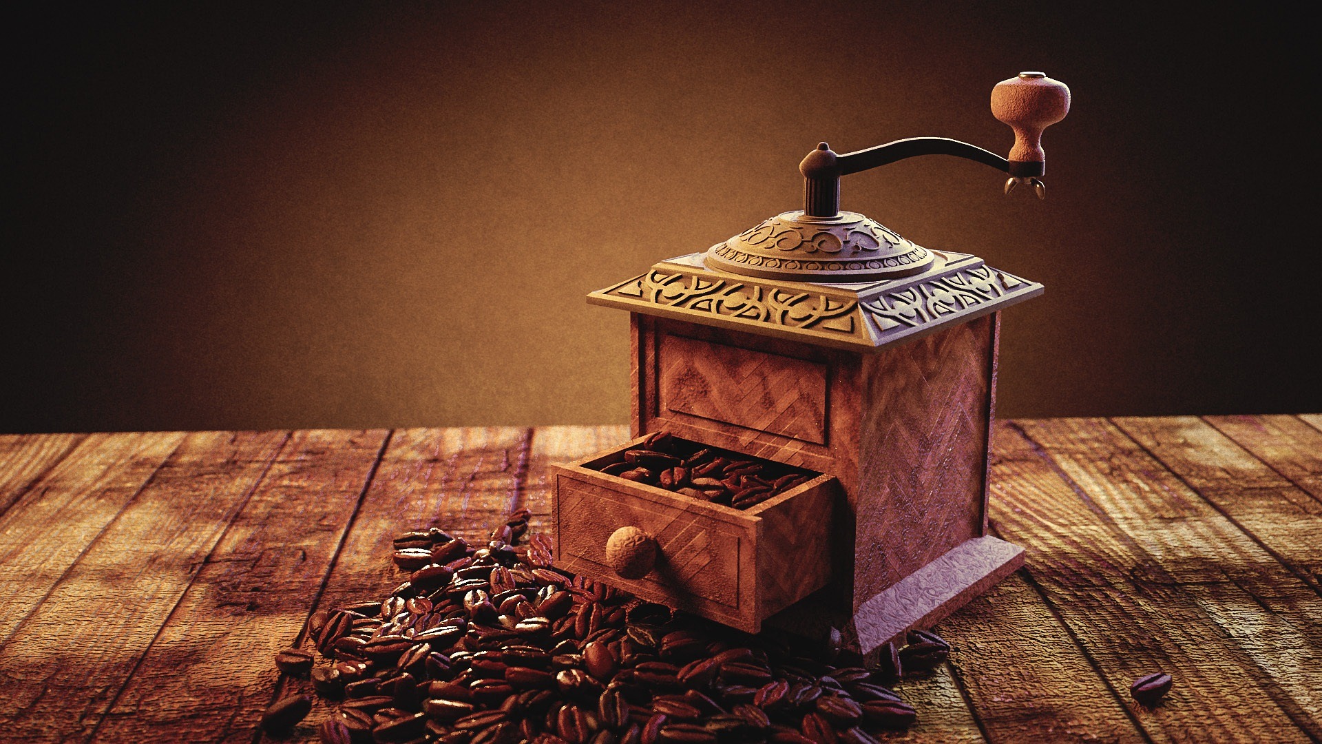 A hand-cranked burr grinder with a drawer of ground coffee and whole beans